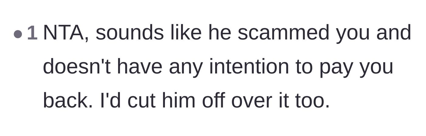 Comment thread 2 - A straightforward agreement that the friend scammed the main character and deserves to be cut off.