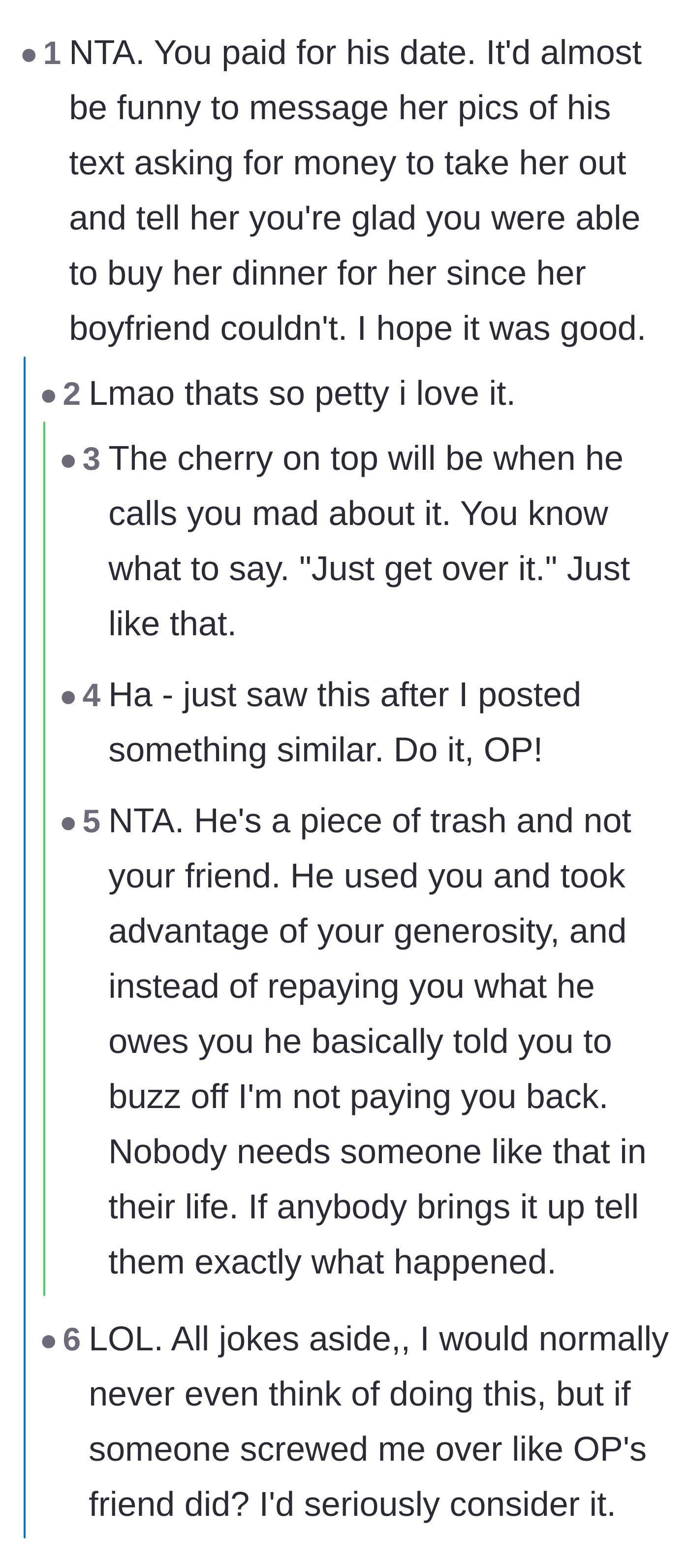 Comment thread 3 - Commenters suggesting the main character message the friend's girlfriend to let her know who actually paid for the date.