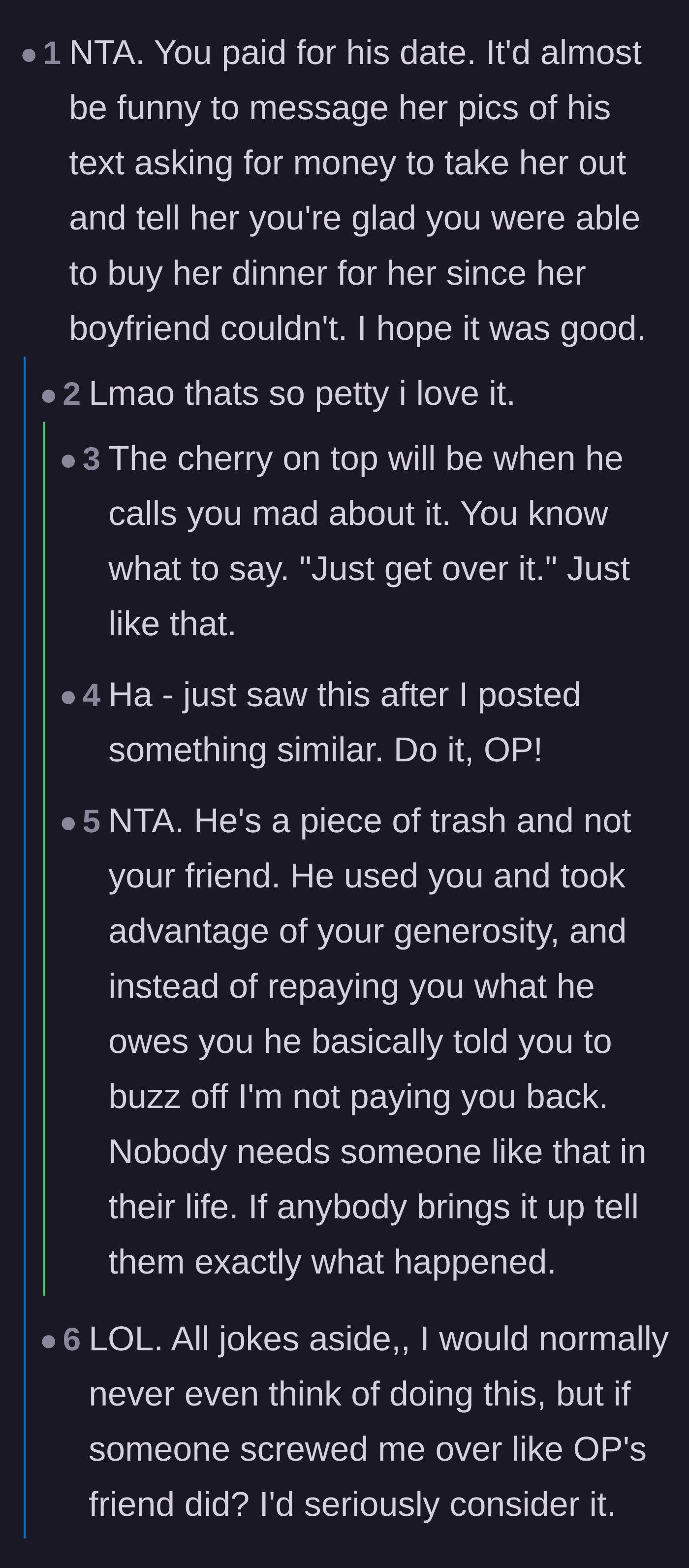Comment thread 3 - Commenters suggesting the main character message the friend's girlfriend to let her know who actually paid for the date.
