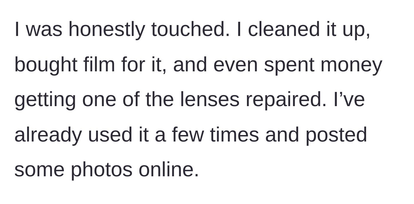 Story part 2 - The main character cleans the camera, pays out of pocket for lens repairs, and joyfully posts the vintage photos online.