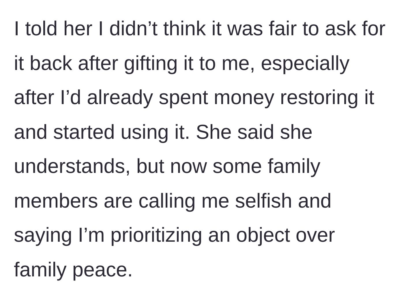 Story part 5 - The main character refuses to return the restored camera, prompting the family to brand her as selfish and a peace-ruiner.