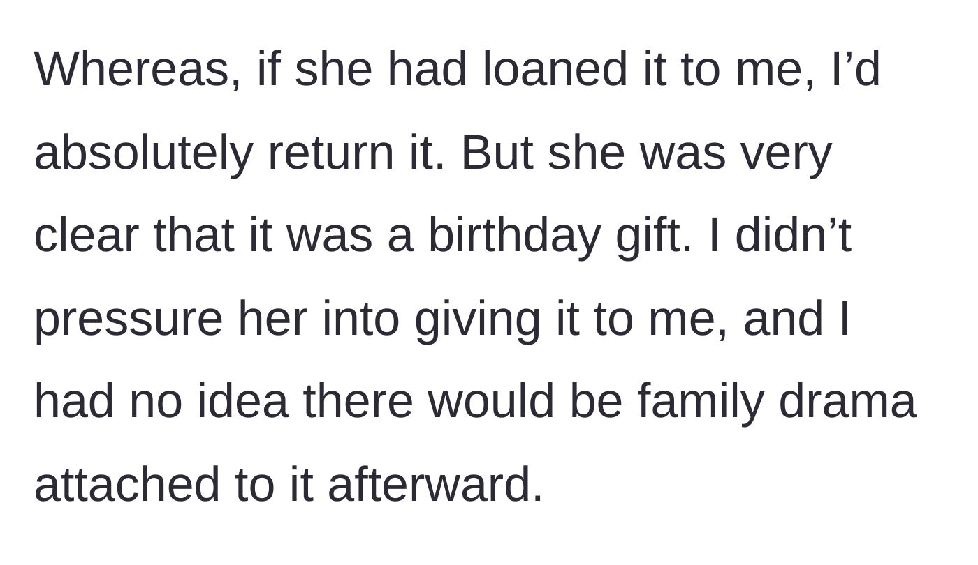 Story part 6 - The main character explains she would have returned a loan, but this was an unprompted gift with hidden, drama-filled strings.
