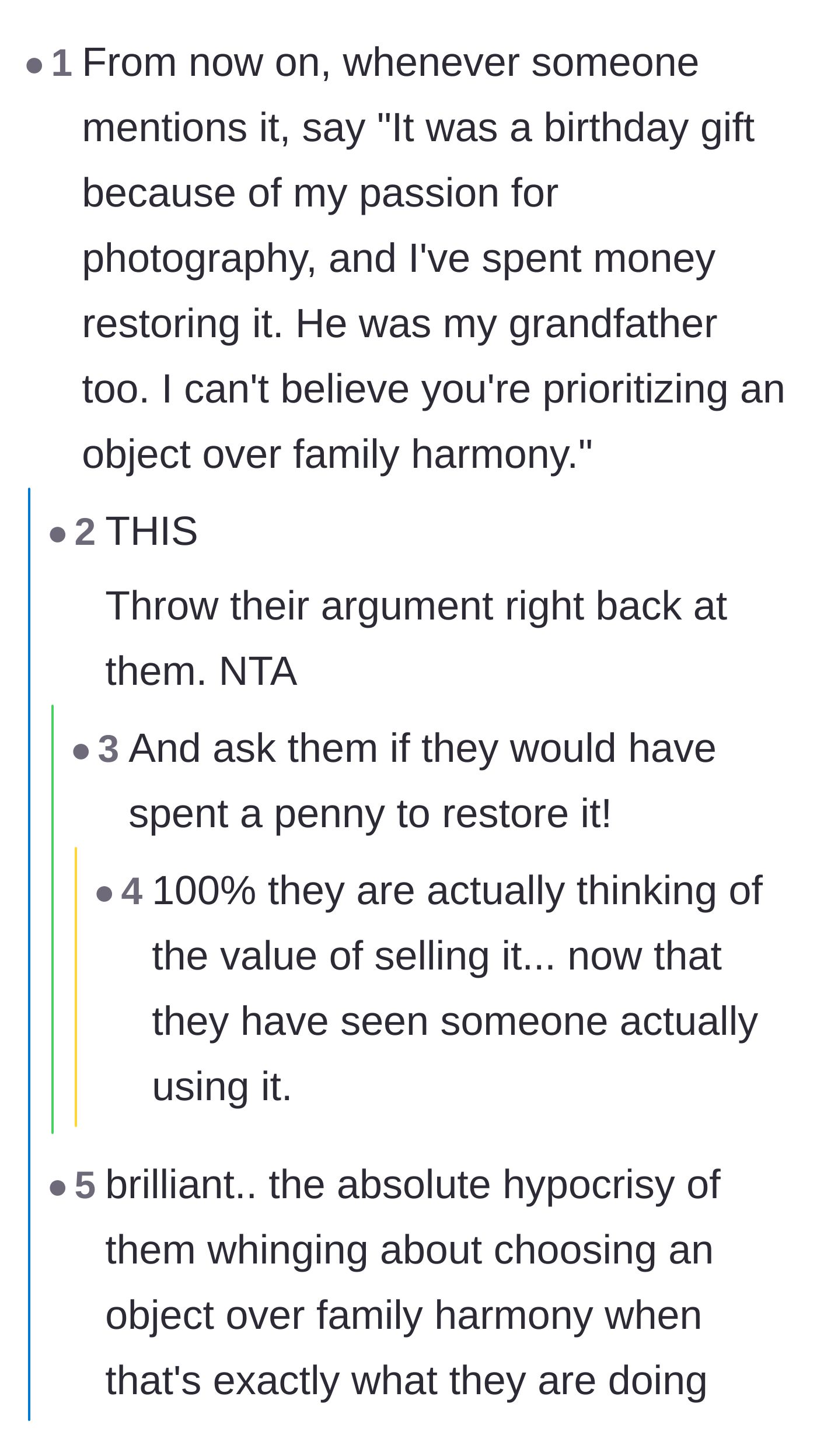 Comment thread 1 - Advice on throwing the family's hypocritical guilt trip right back in their faces.