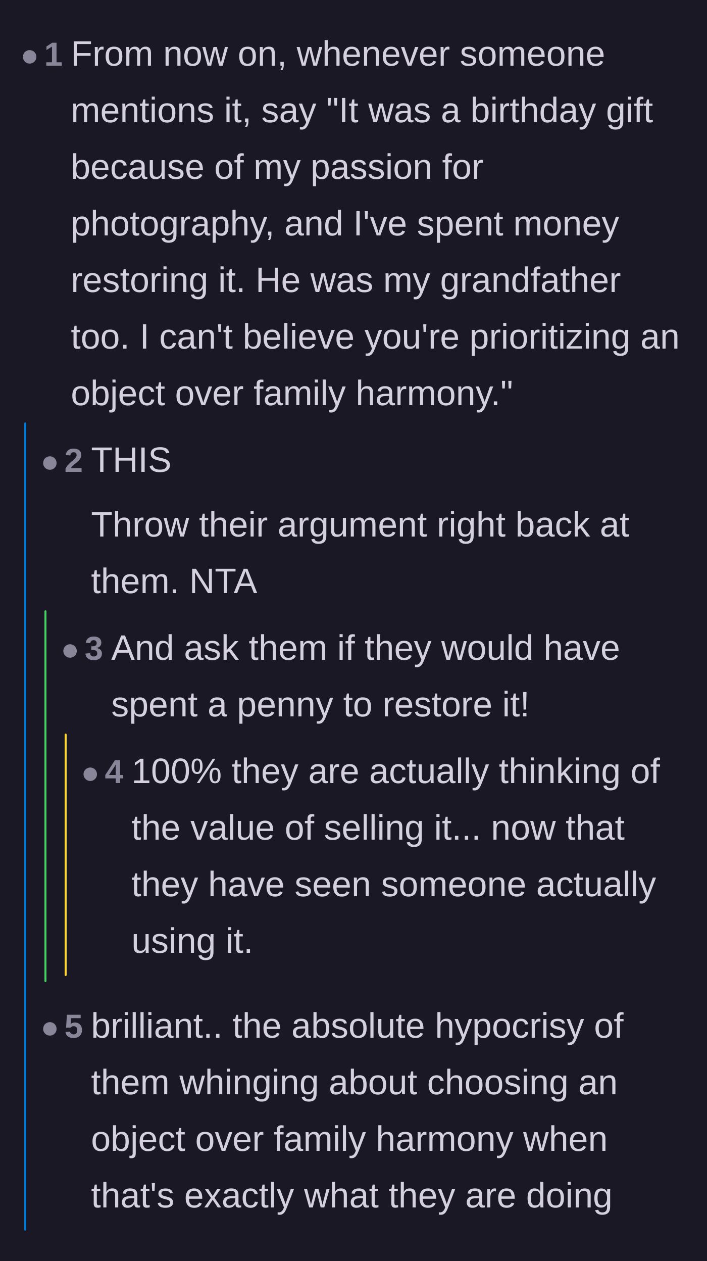 Comment thread 1 - Advice on throwing the family's hypocritical guilt trip right back in their faces.