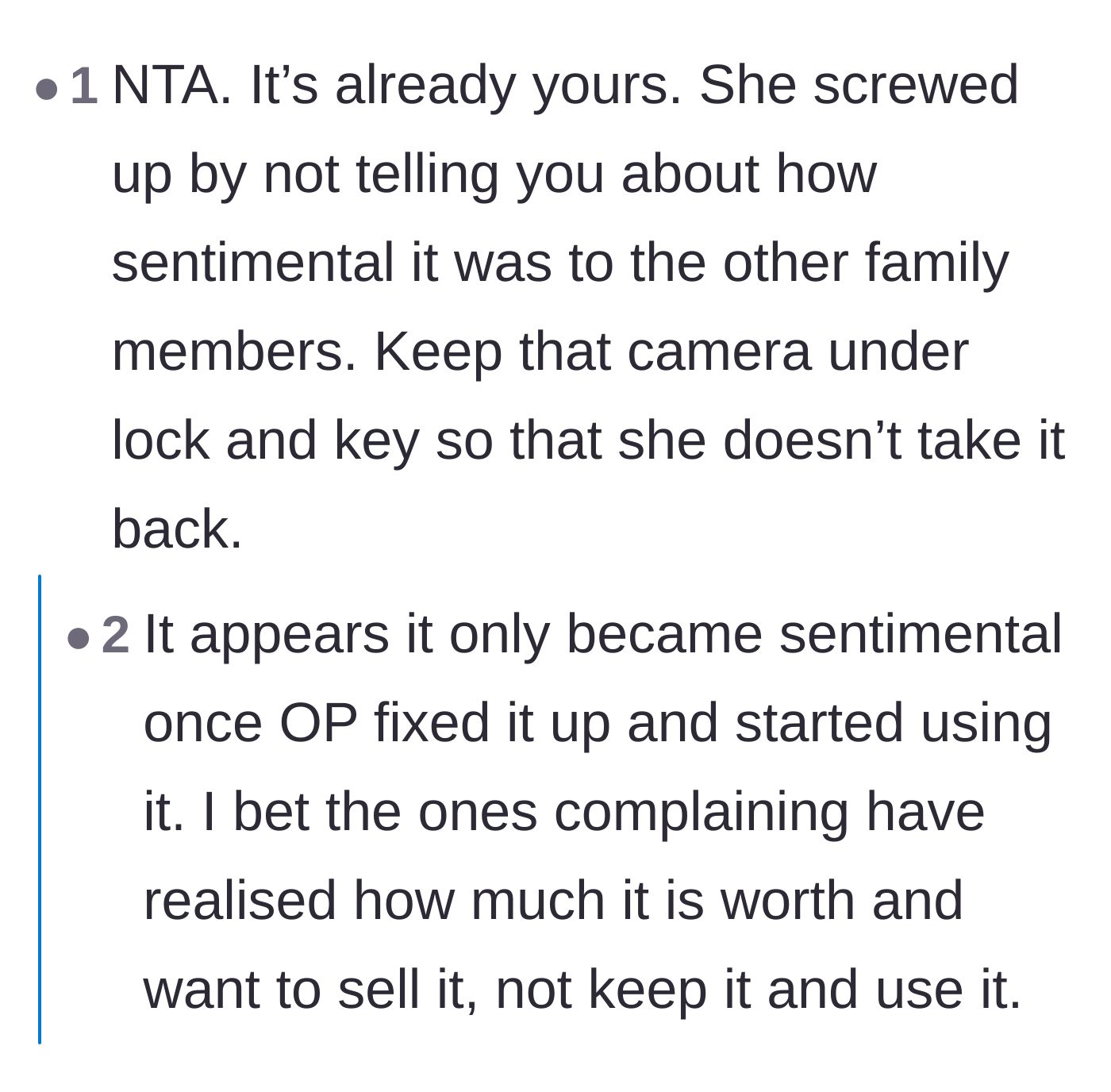 Comment thread 3 - Warning the main character to lock the camera up so it isn't stolen by the cousin.