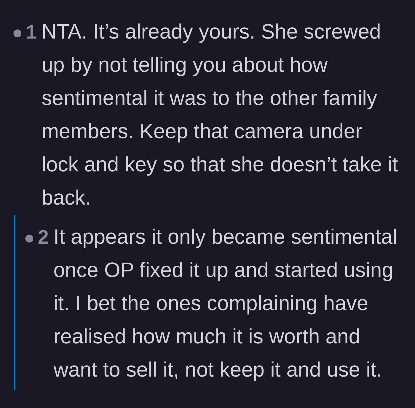Comment thread 3 - Warning the main character to lock the camera up so it isn't stolen by the cousin.