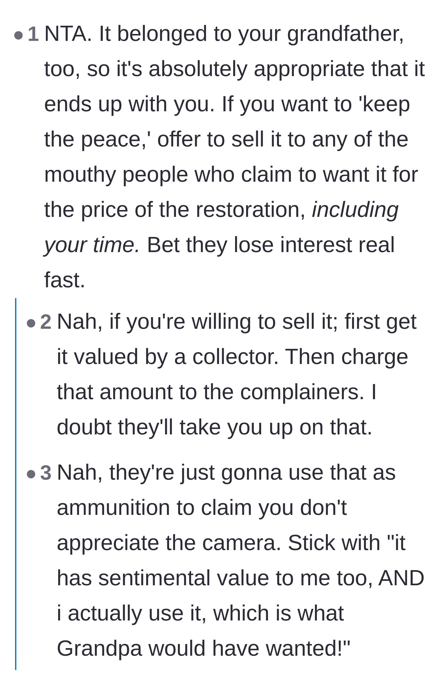 Comment thread 5 - Suggesting she call the family's bluff by offering to sell them the camera for the cost of repairs.