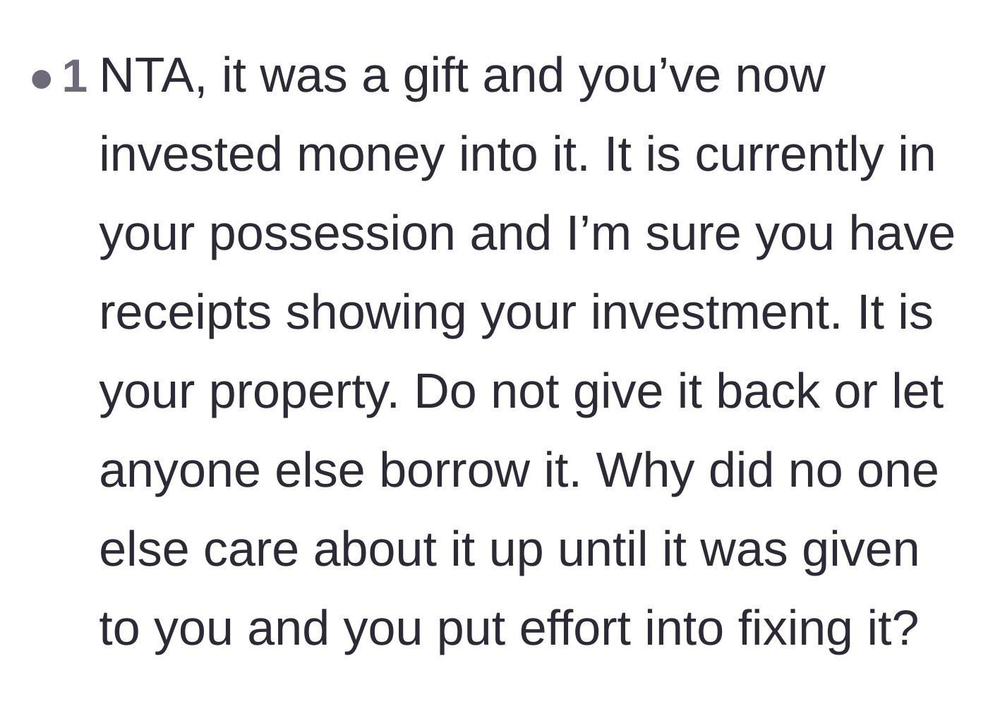Comment thread 6 - Emphasizing that her financial investment makes it legally hers and questioning the family's sudden interest.