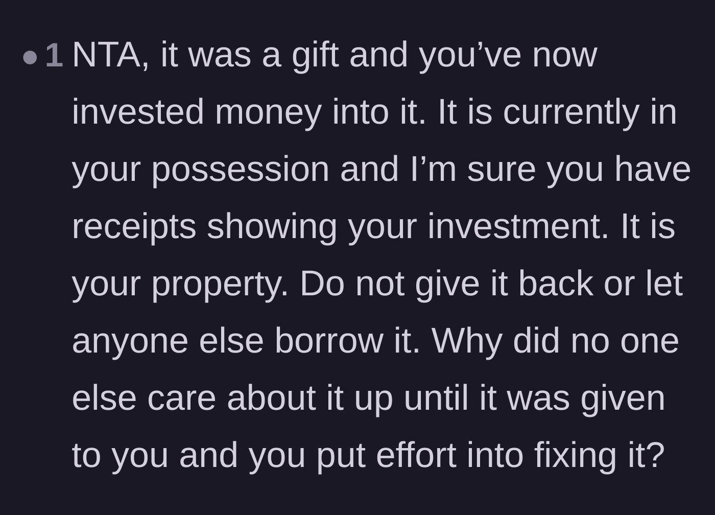 Comment thread 6 - Emphasizing that her financial investment makes it legally hers and questioning the family's sudden interest.