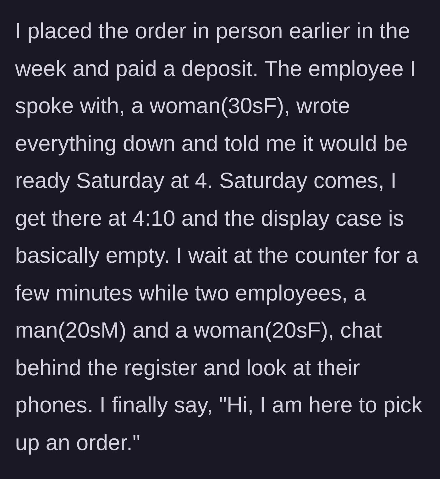 Story part 2 - The woman arriving at the bakery to find an empty display case while two employees scroll on their phones.