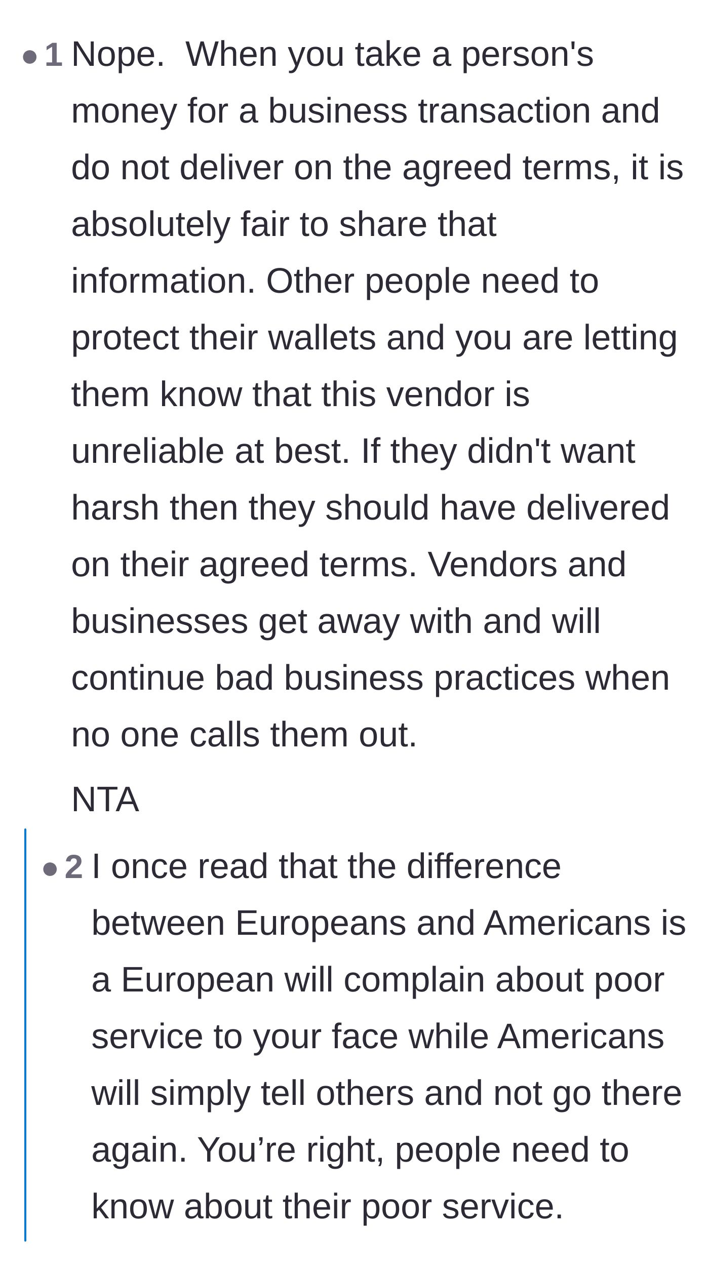 Comment thread 1 - A discussion on how bad reviews protect other consumers' wallets and the power of social media complaints.