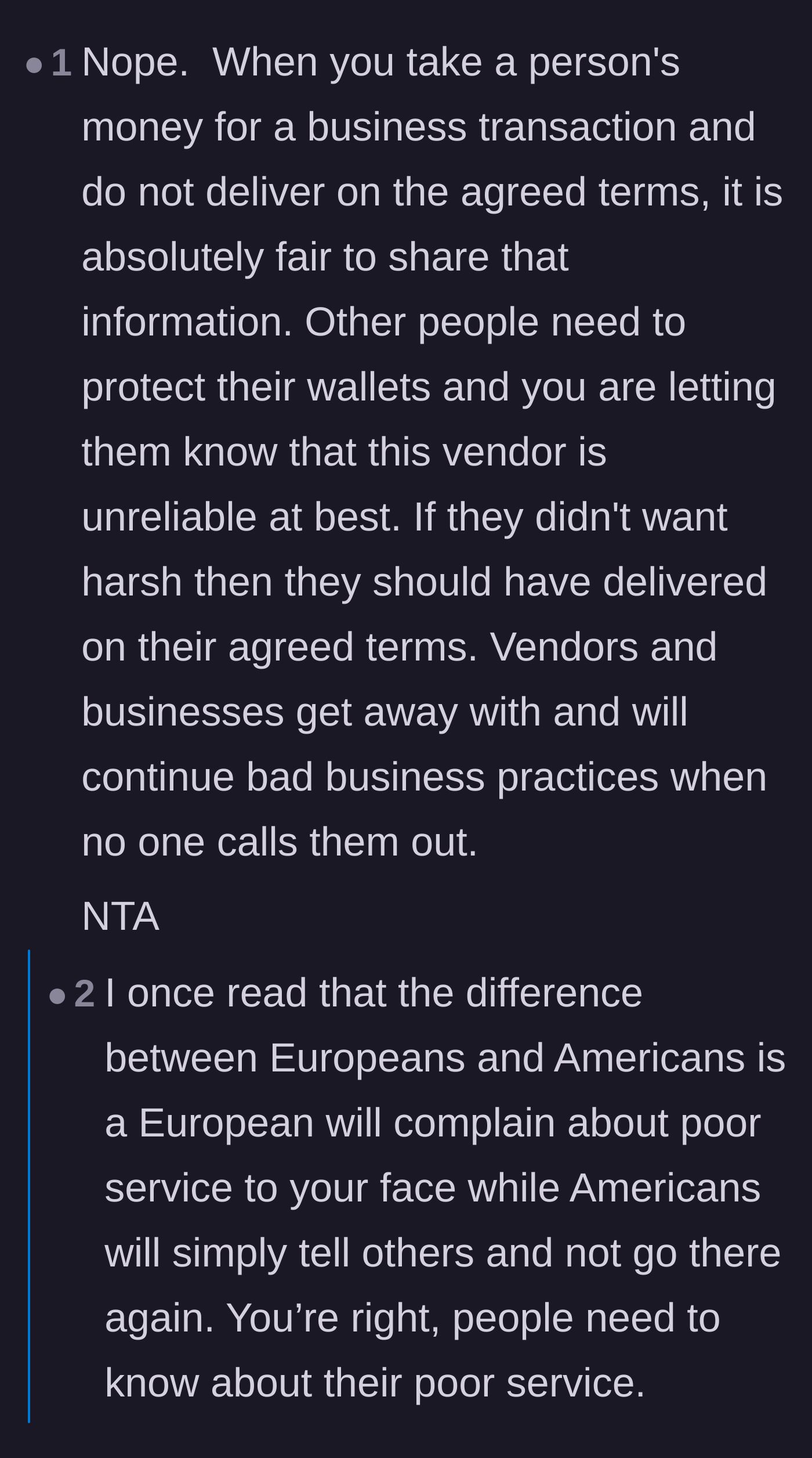 Comment thread 1 - A discussion on how bad reviews protect other consumers' wallets and the power of social media complaints.