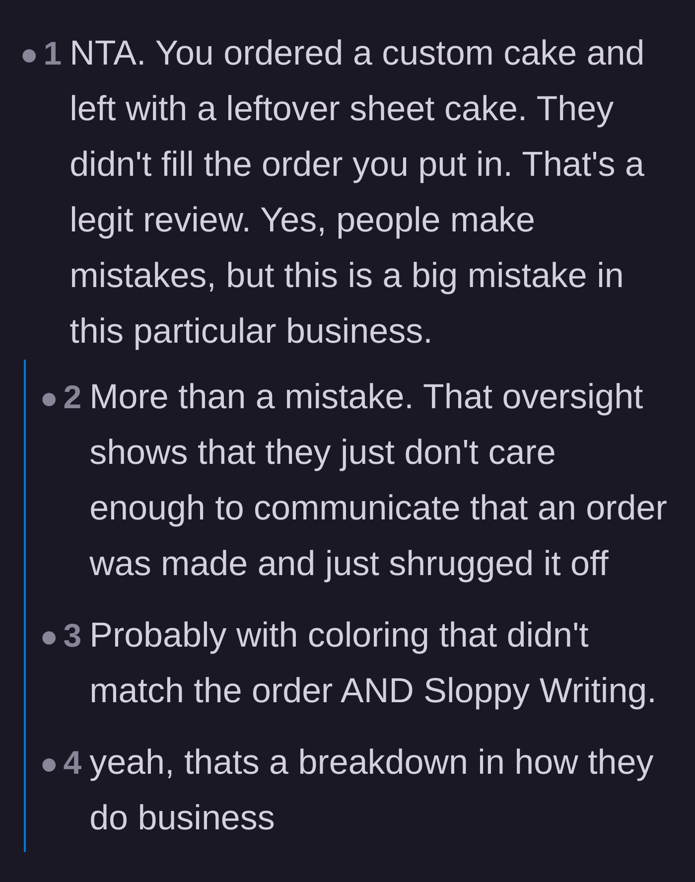 Comment thread 3 - Validation that downgrading from a custom order to a leftover sheet cake is an unacceptable business practice.