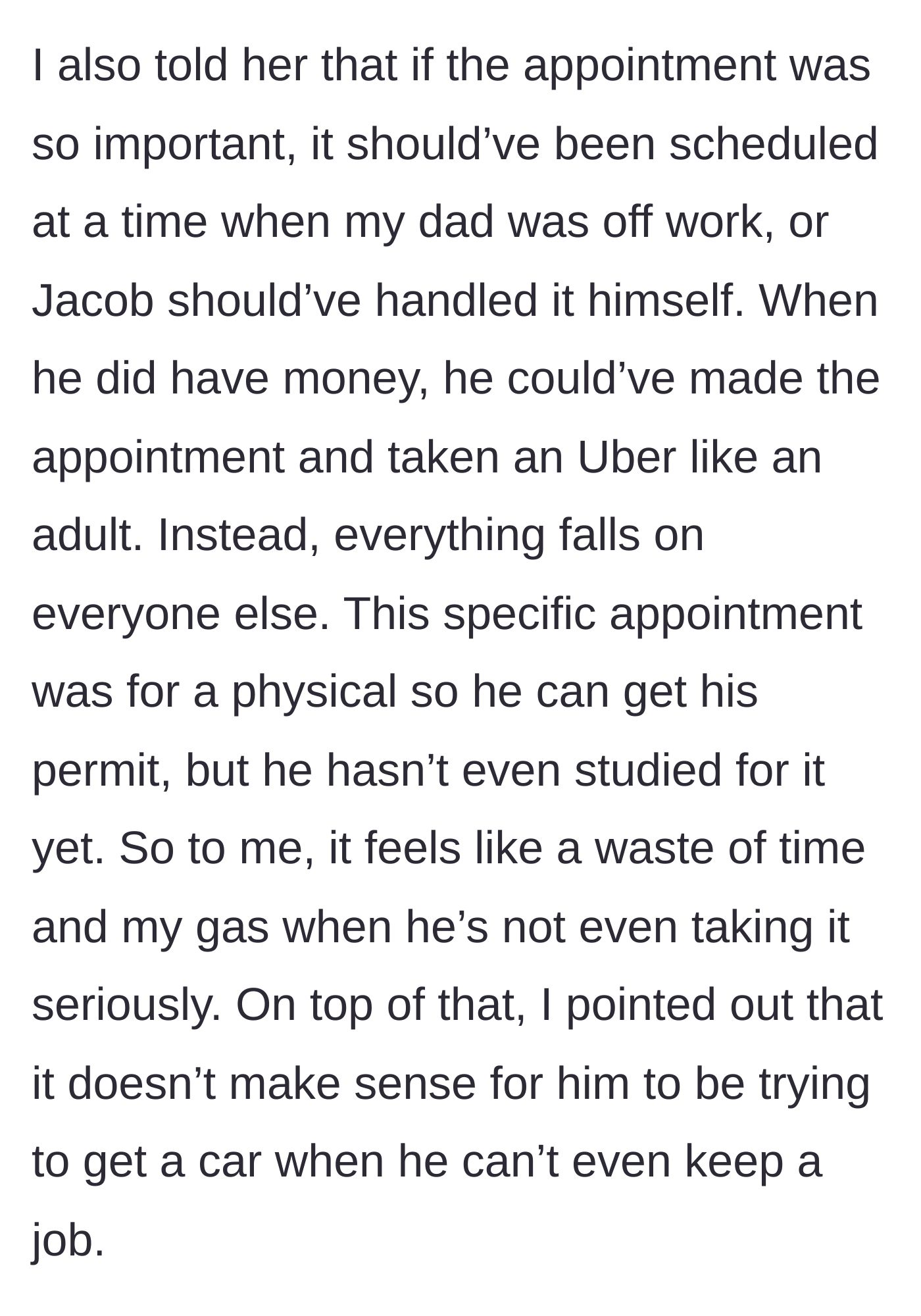 Story part 3 - Sister pointing out the logical flaws in driving her brother to get a permit he hasn't even studied for.