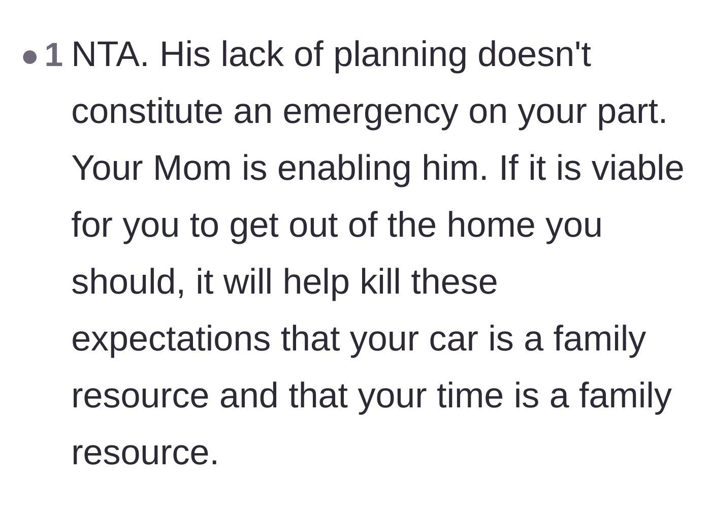 Comment thread 4 - Reminding the sister that her brother's poor planning isn't her emergency and her car isn't community property.