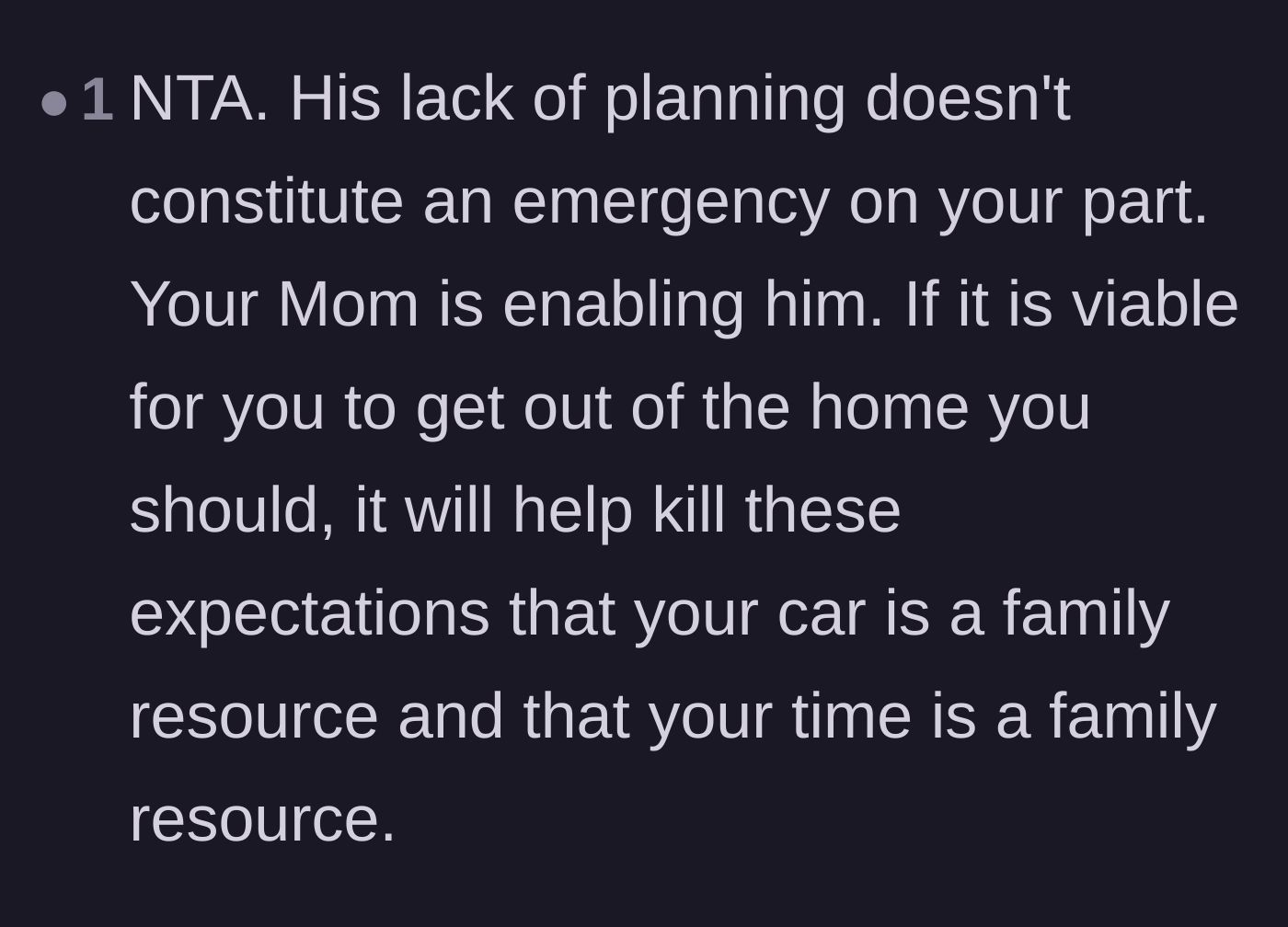 Comment thread 4 - Reminding the sister that her brother's poor planning isn't her emergency and her car isn't community property.