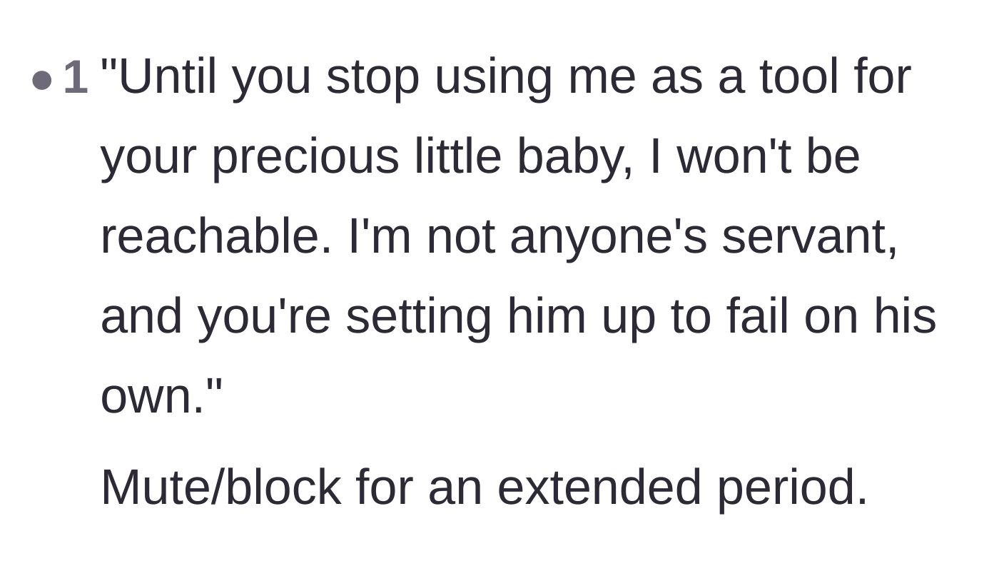 Comment thread 6 - Suggesting a strict message to the mother followed by blocking her to enforce boundaries.