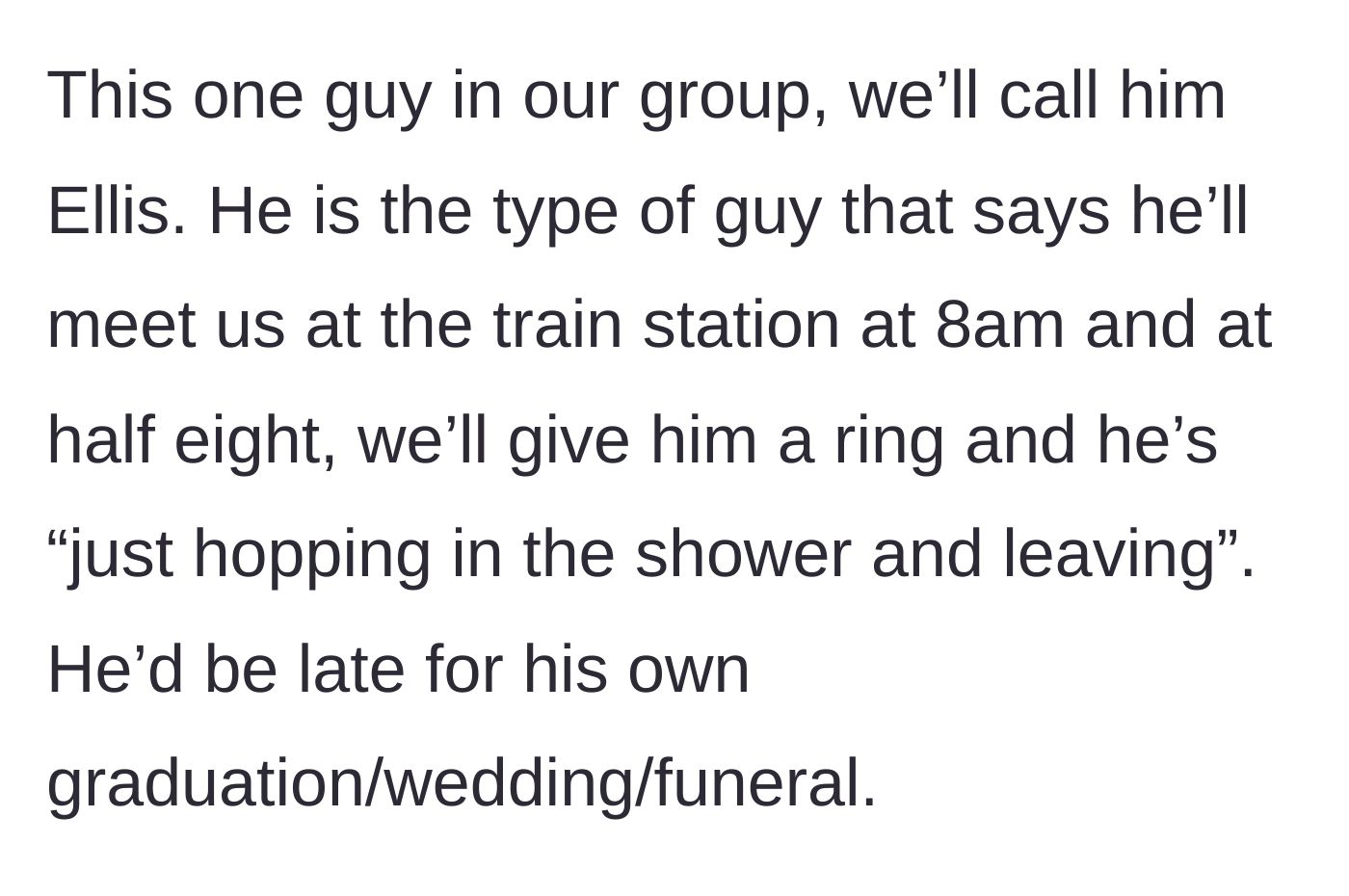 Story part 2 - A frustrated guy checking his watch while waiting for a chronically late friend.