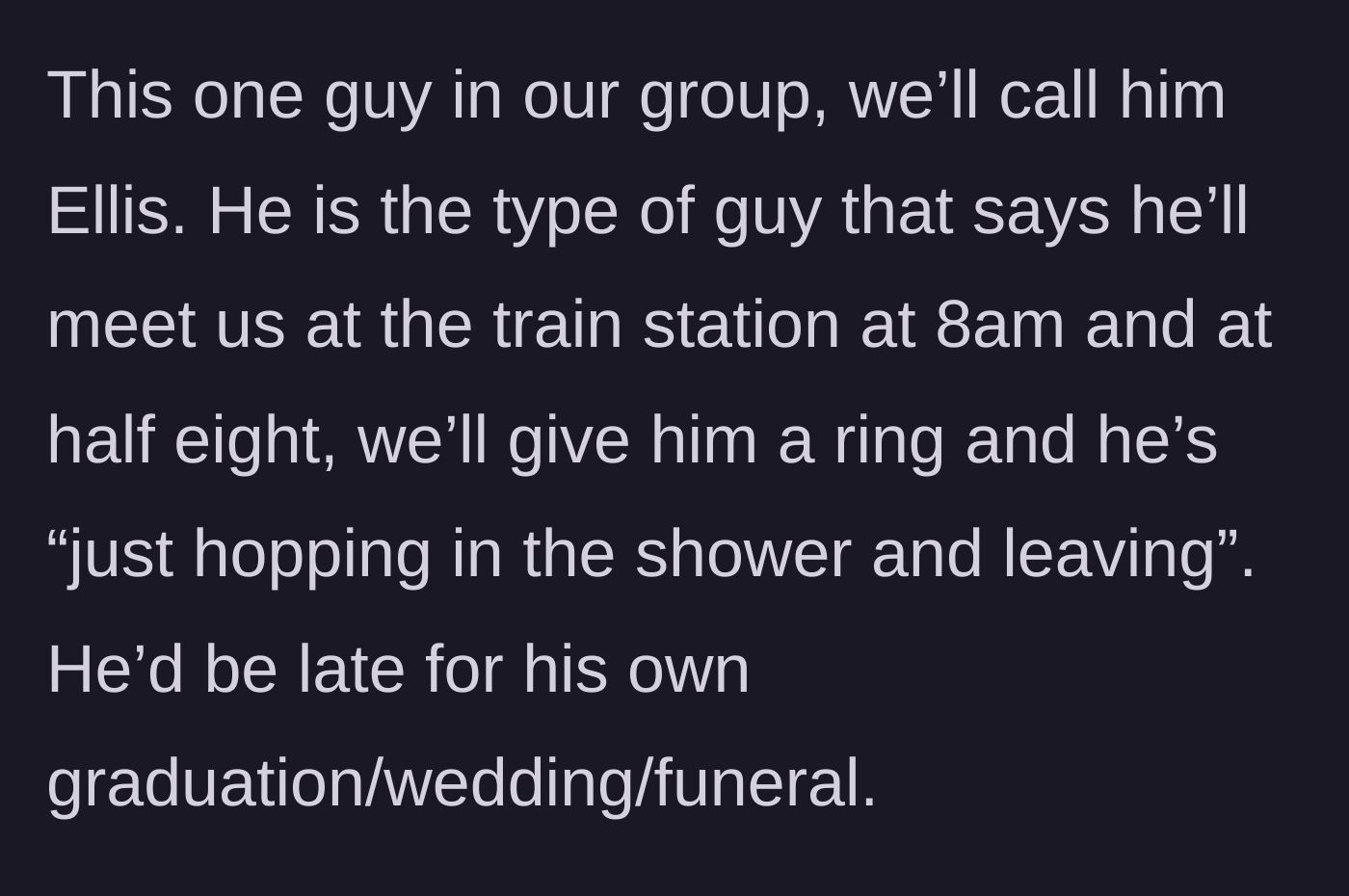 Story part 2 - A frustrated guy checking his watch while waiting for a chronically late friend.