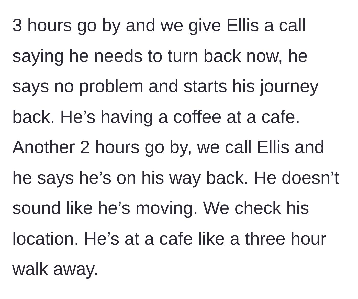 Story part 4 - Friends looking at a phone screen showing their friend's location sitting at a cafe three hours away.