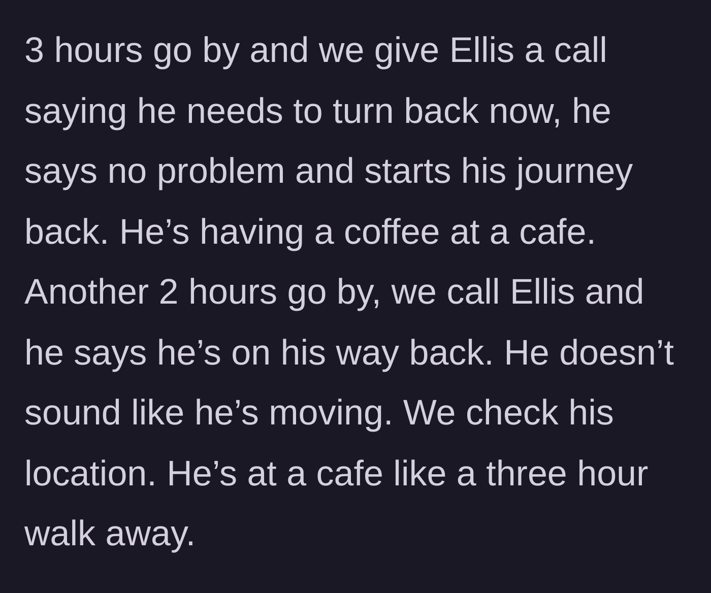 Story part 4 - Friends looking at a phone screen showing their friend's location sitting at a cafe three hours away.