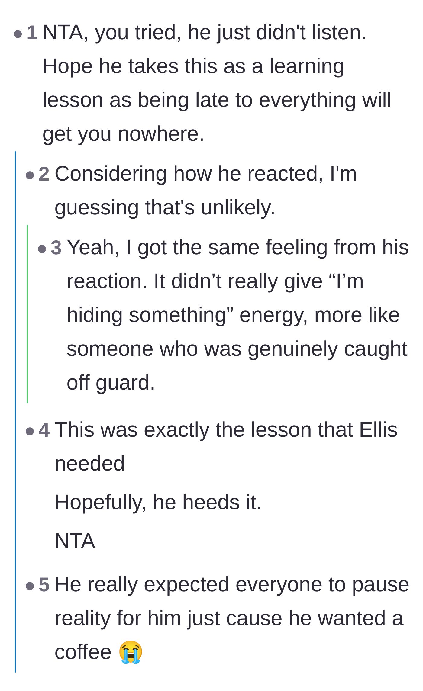 Comment thread 1 - Readers debating whether being left behind will actually teach the chronically late friend a lesson about punctuality.