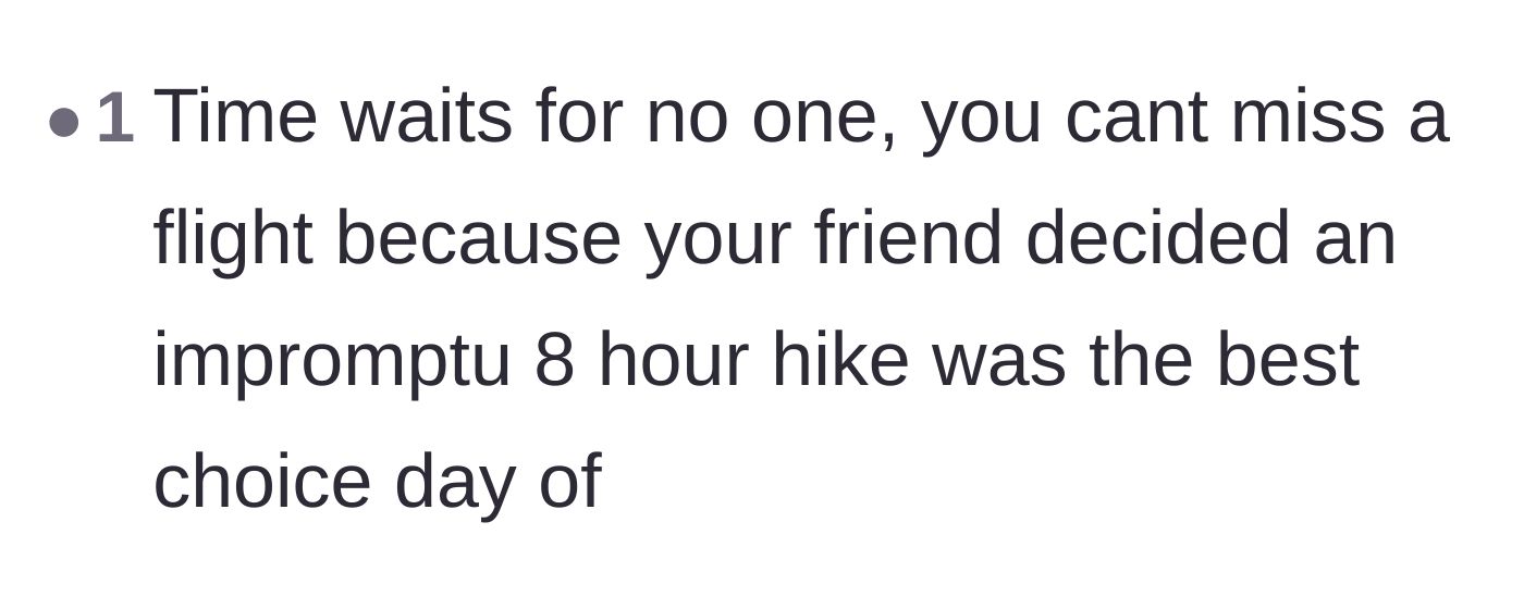 Comment thread 5 - A brief statement reminding everyone that time and departing airplanes wait for no one.
