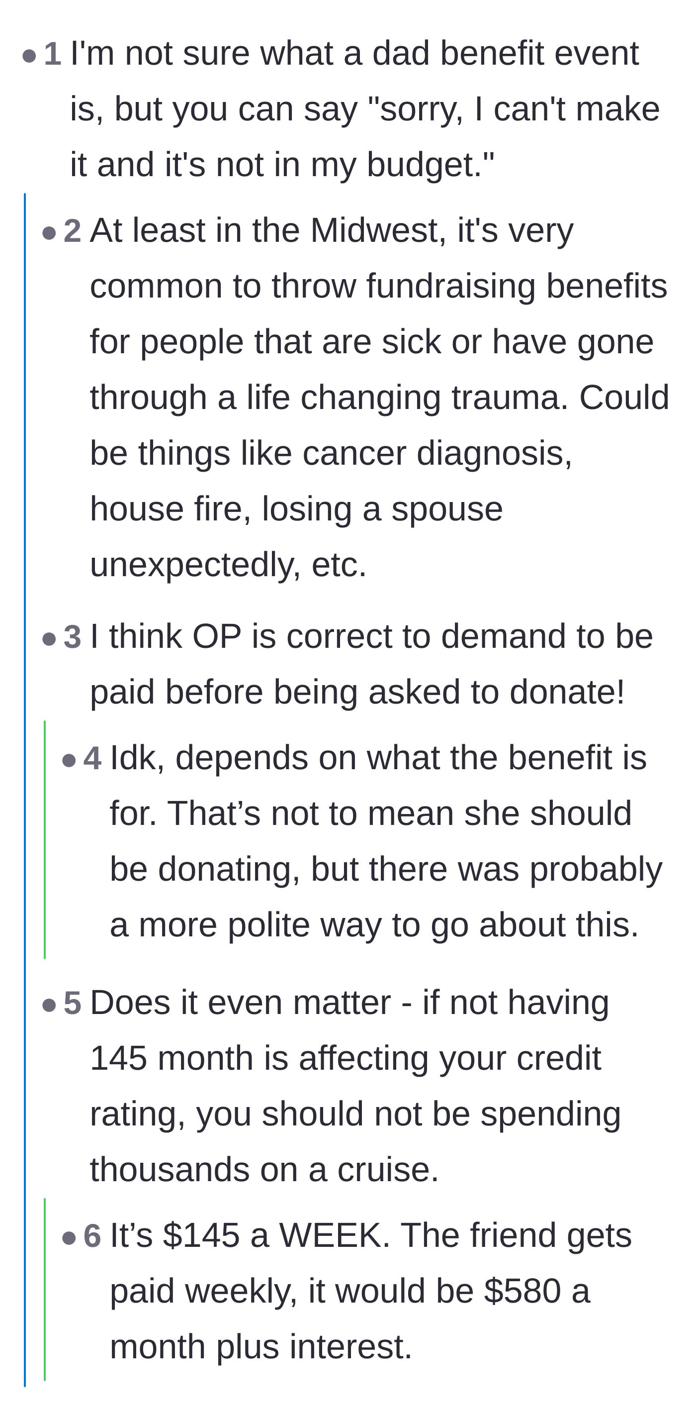 Comment thread 1 - Readers debating the math of the weekly cruise payments and whether the debt justifies refusing a charity donation.