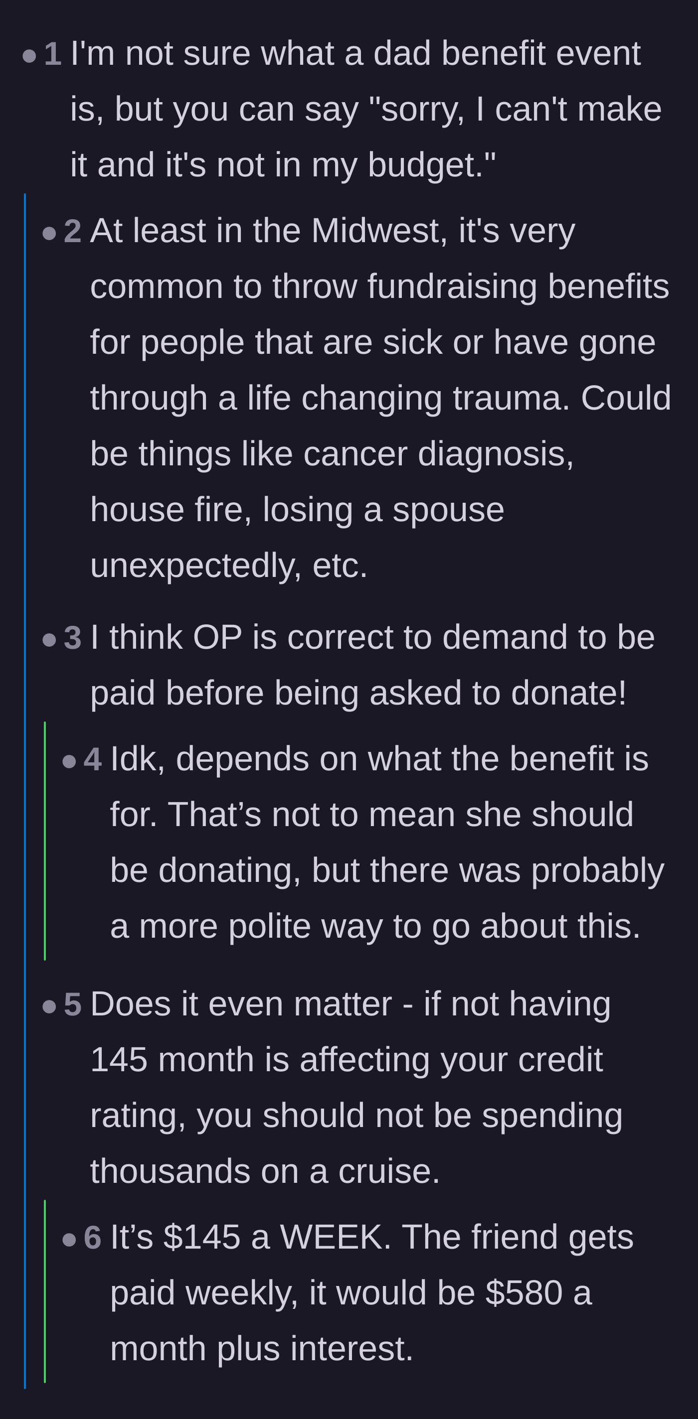 Comment thread 1 - Readers debating the math of the weekly cruise payments and whether the debt justifies refusing a charity donation.