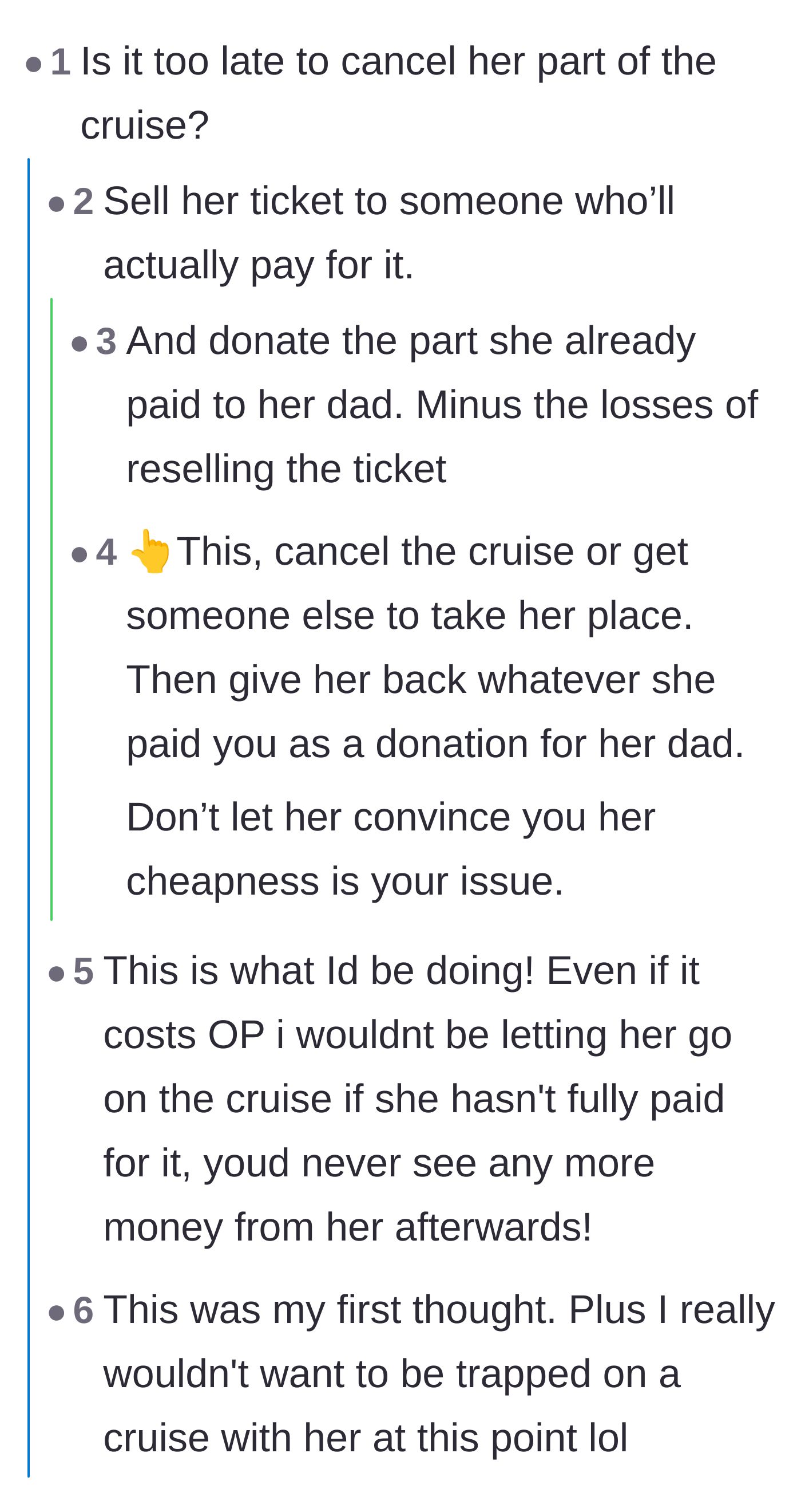 Comment thread 2 - Advice on selling the friend's nonrefundable cruise ticket and using her partial payments to directly fund her dad's charity.