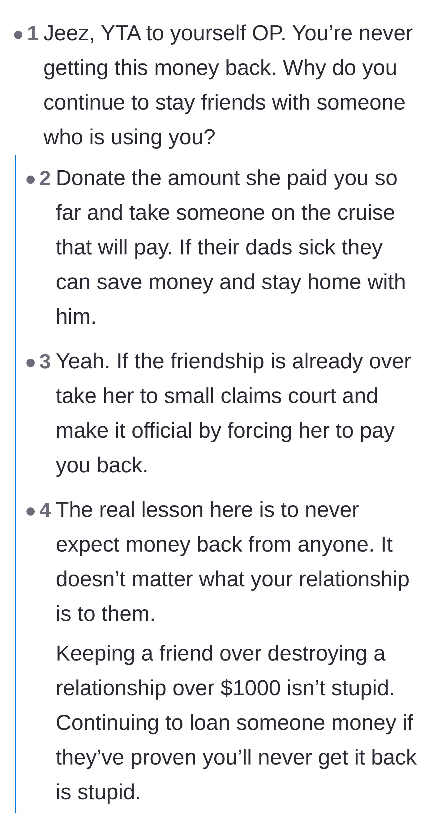 Comment thread 3 - Commenters telling the main character he is only hurting himself by staying friends with someone who is clearly using him.