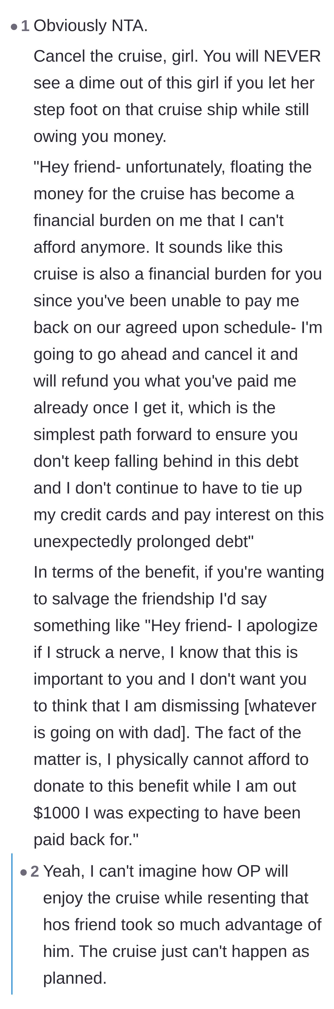 Comment thread 4 - A detailed script for how to formally cancel the friend's ticket and set firm financial boundaries.