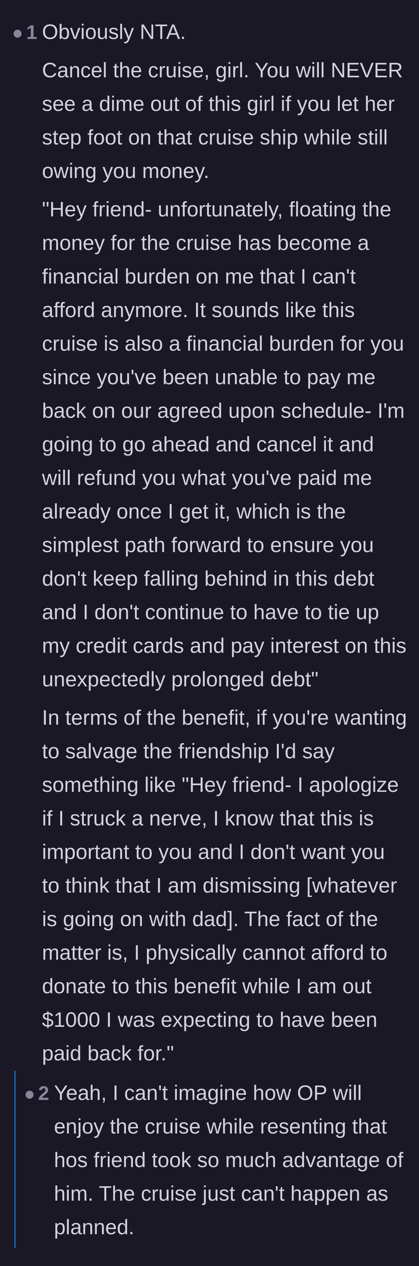 Comment thread 4 - A detailed script for how to formally cancel the friend's ticket and set firm financial boundaries.