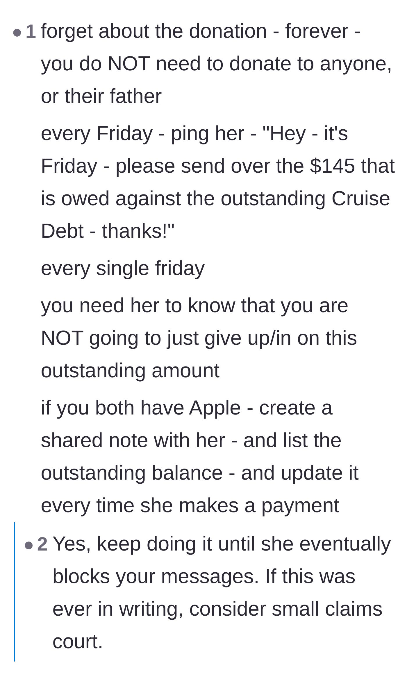 Comment thread 5 - Suggestions to ruthlessly text the friend every Friday for the money and track the debt in a shared Apple Note.