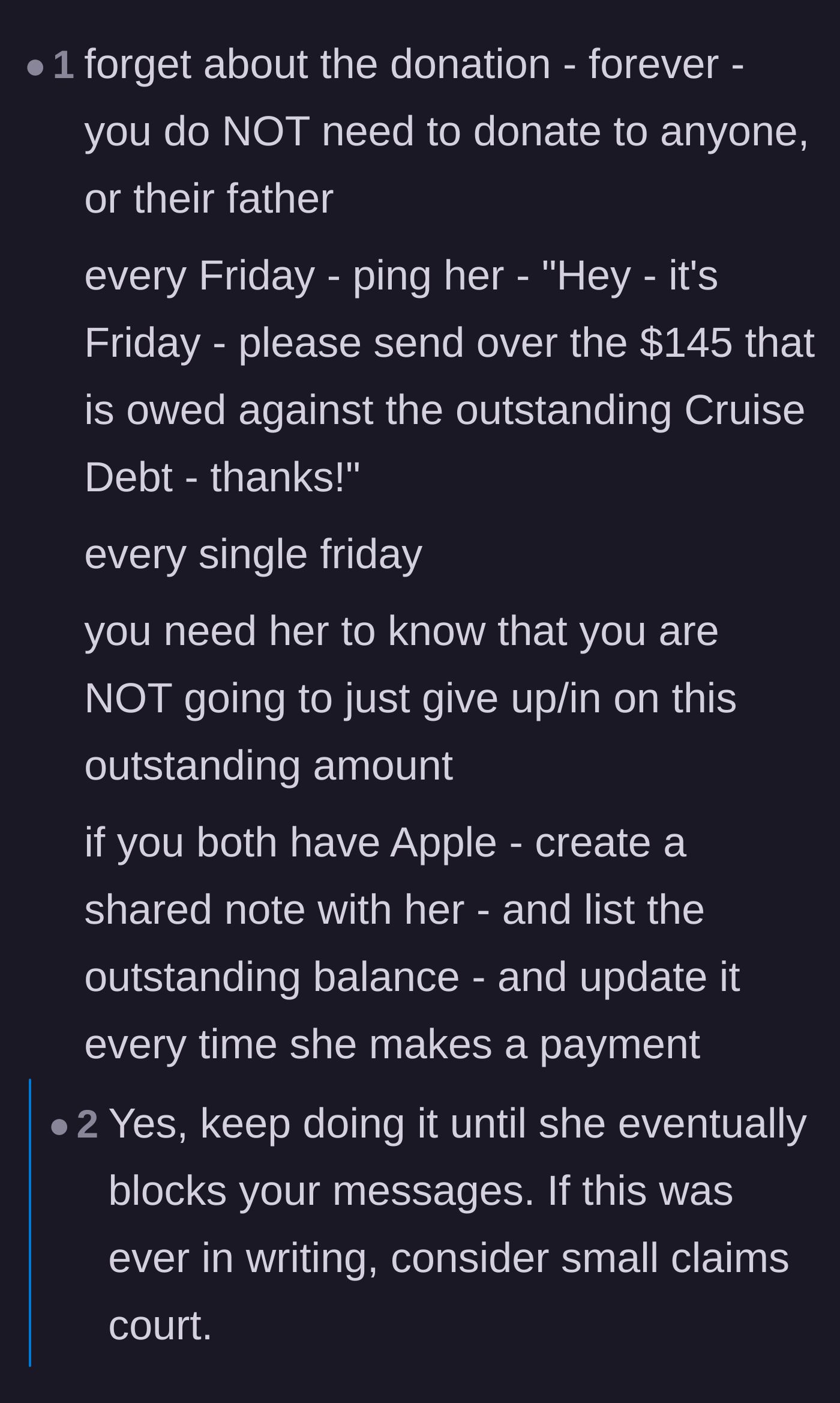 Comment thread 5 - Suggestions to ruthlessly text the friend every Friday for the money and track the debt in a shared Apple Note.