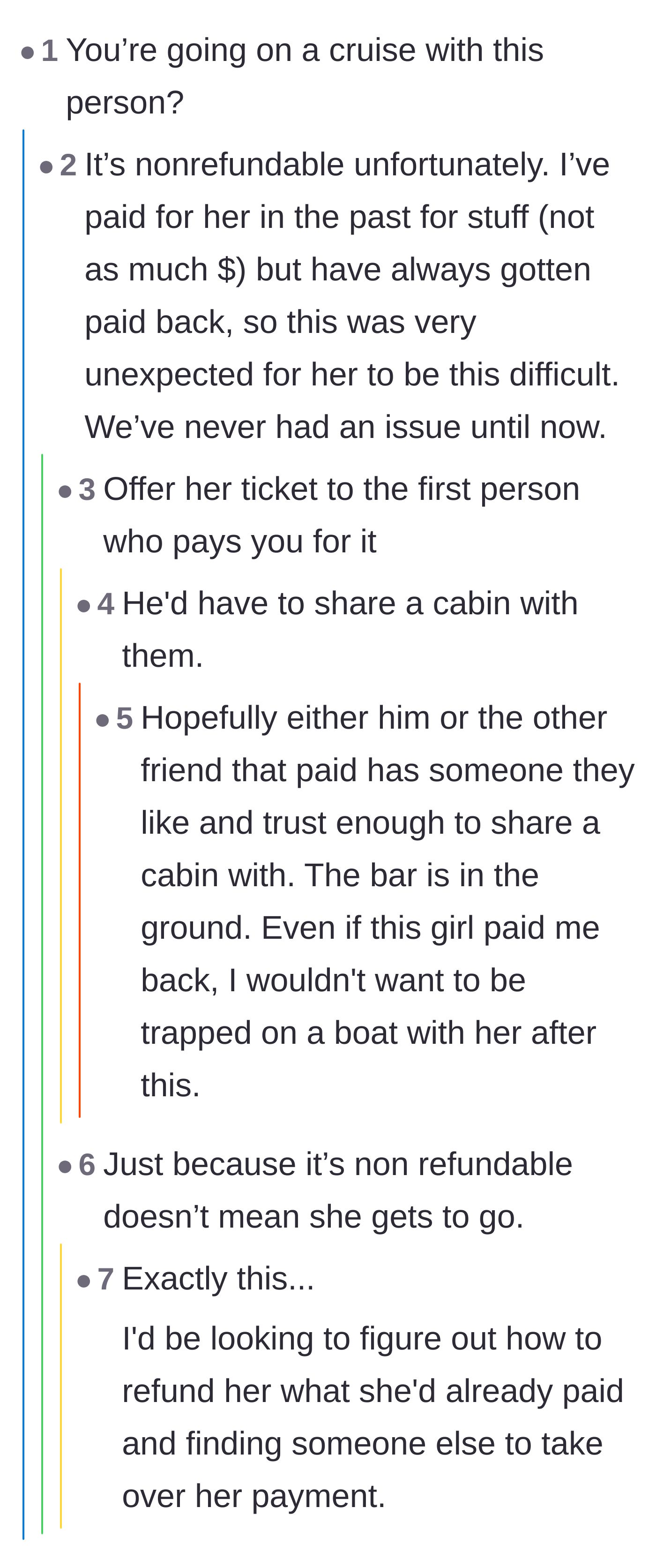 Comment thread 6 - The original poster explaining the ticket is nonrefundable, while readers insist that doesn't mean the friend still gets to go.