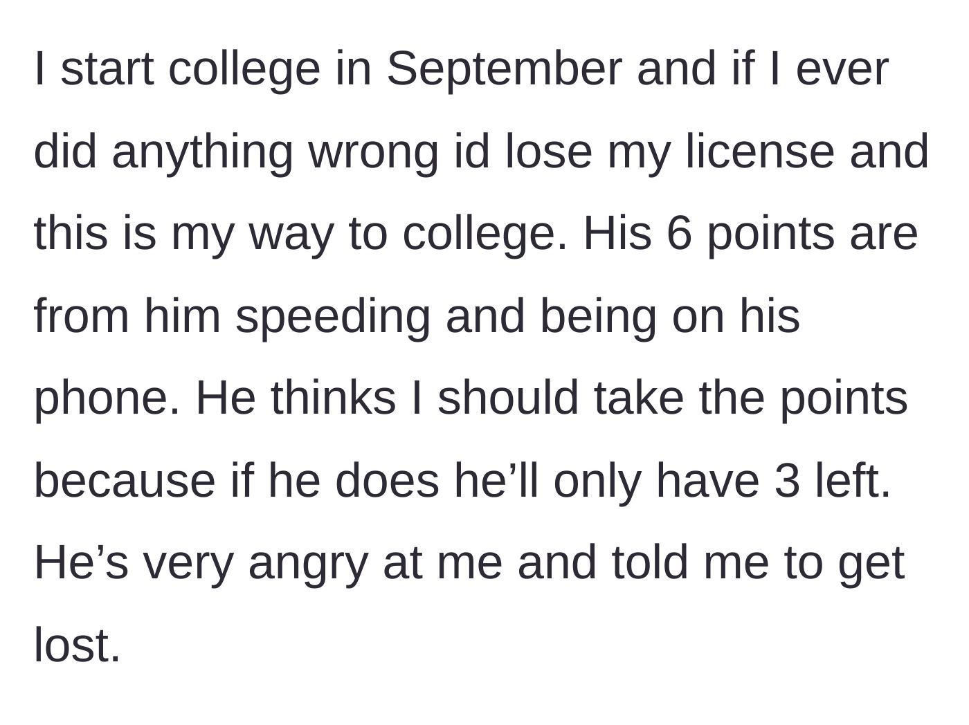 Story part 3 - The main character explains her need for the car for her upcoming college commute, while the partner throws a tantrum over his dwindling points.