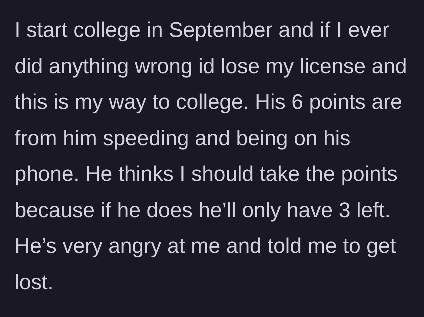 Story part 3 - The main character explains her need for the car for her upcoming college commute, while the partner throws a tantrum over his dwindling points.