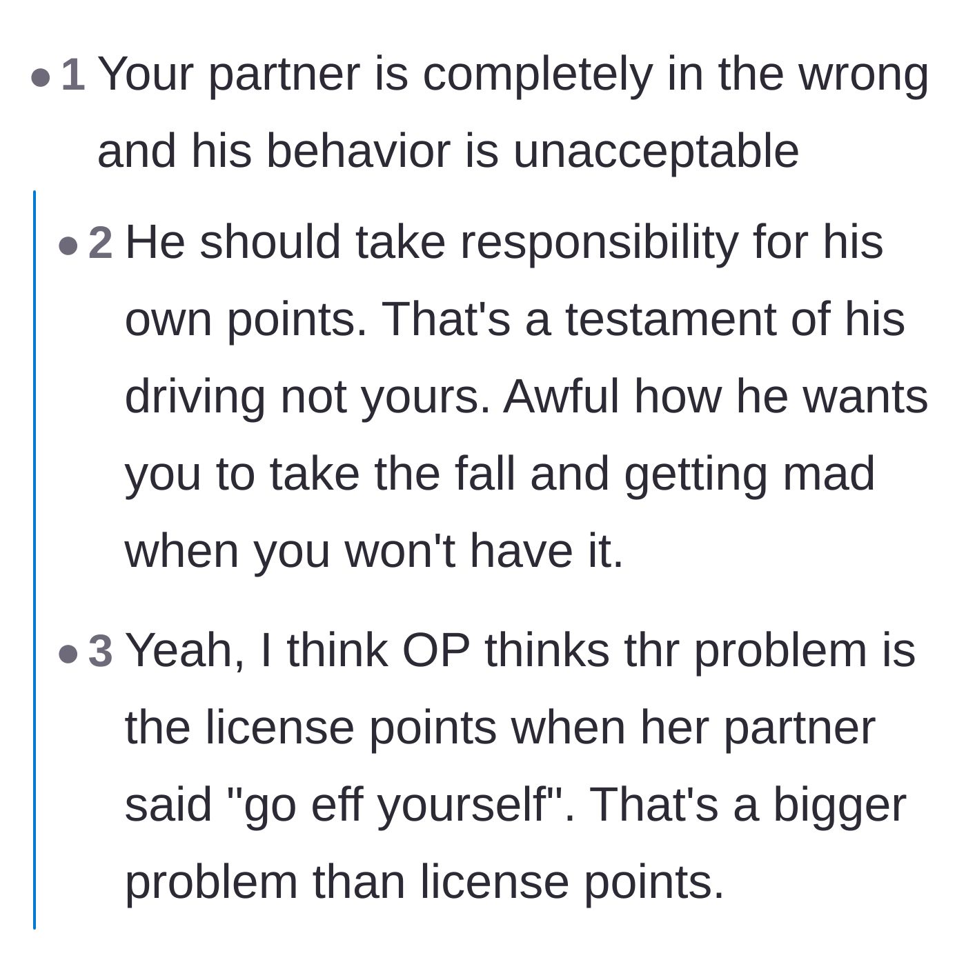 Comment thread 1 - Readers discussing the severe legal risks of taking someone else's penalty points and the danger of the partner's reckless driving with a child.