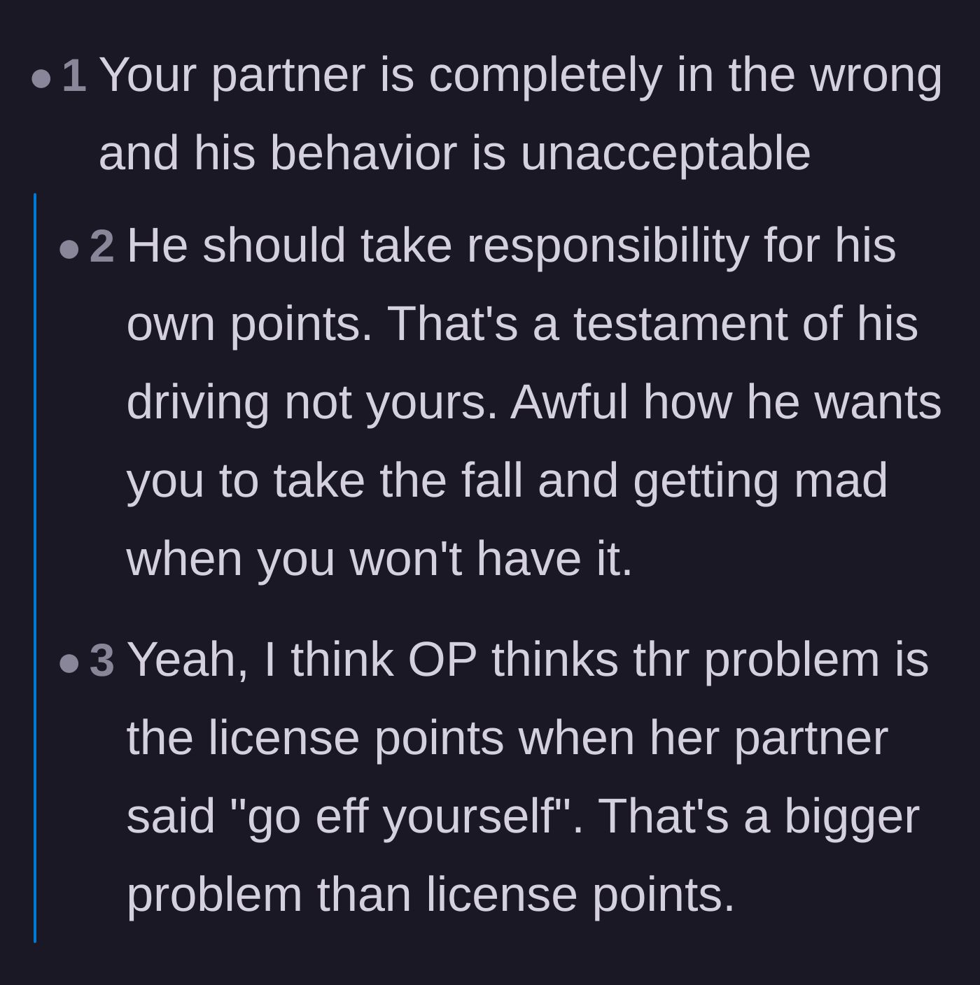 Comment thread 1 - Readers discussing the severe legal risks of taking someone else's penalty points and the danger of the partner's reckless driving with a child.