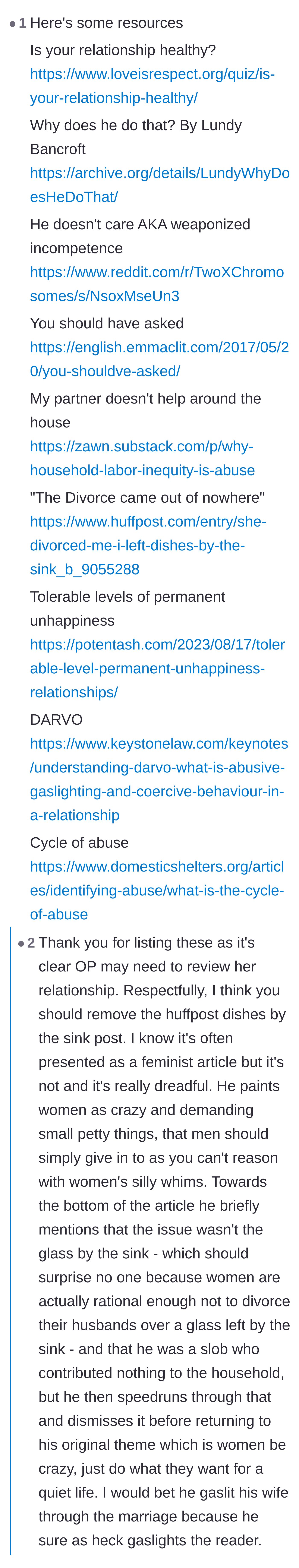 Comment thread 3 - A thread providing a comprehensive list of resources on toxic relationships and domestic abuse dynamics.