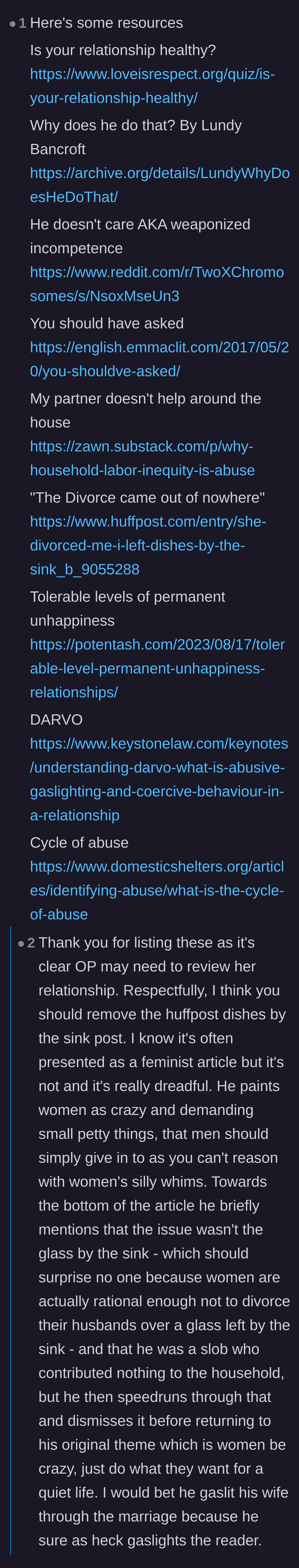 Comment thread 3 - A thread providing a comprehensive list of resources on toxic relationships and domestic abuse dynamics.