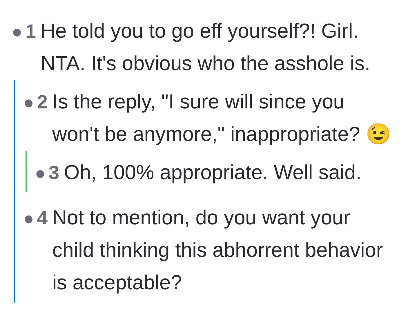 Comment thread 4 - Readers reacting to the partner's profanity with suggestions for sharp comebacks and warnings about modeling bad behavior for their child.