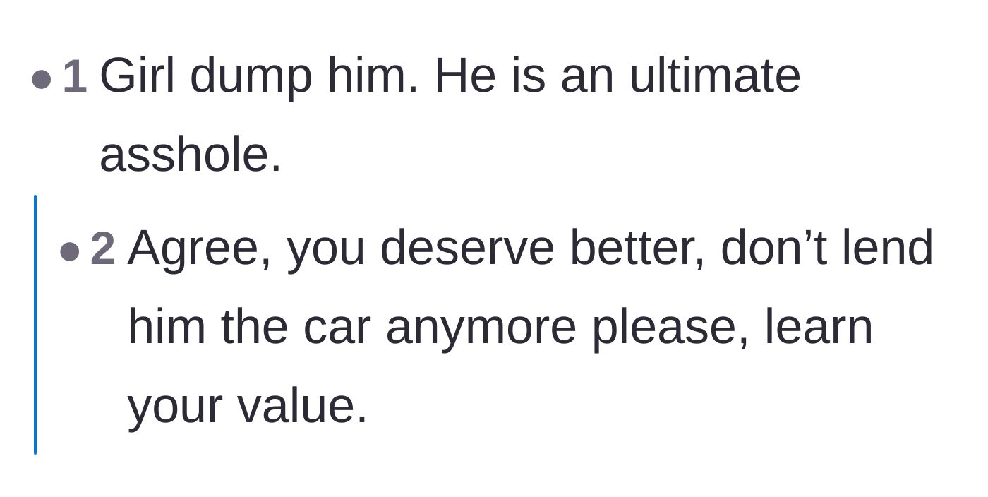 Comment thread 5 - Blunt advice from commenters urging the main character to dump her partner and recognize her own value.