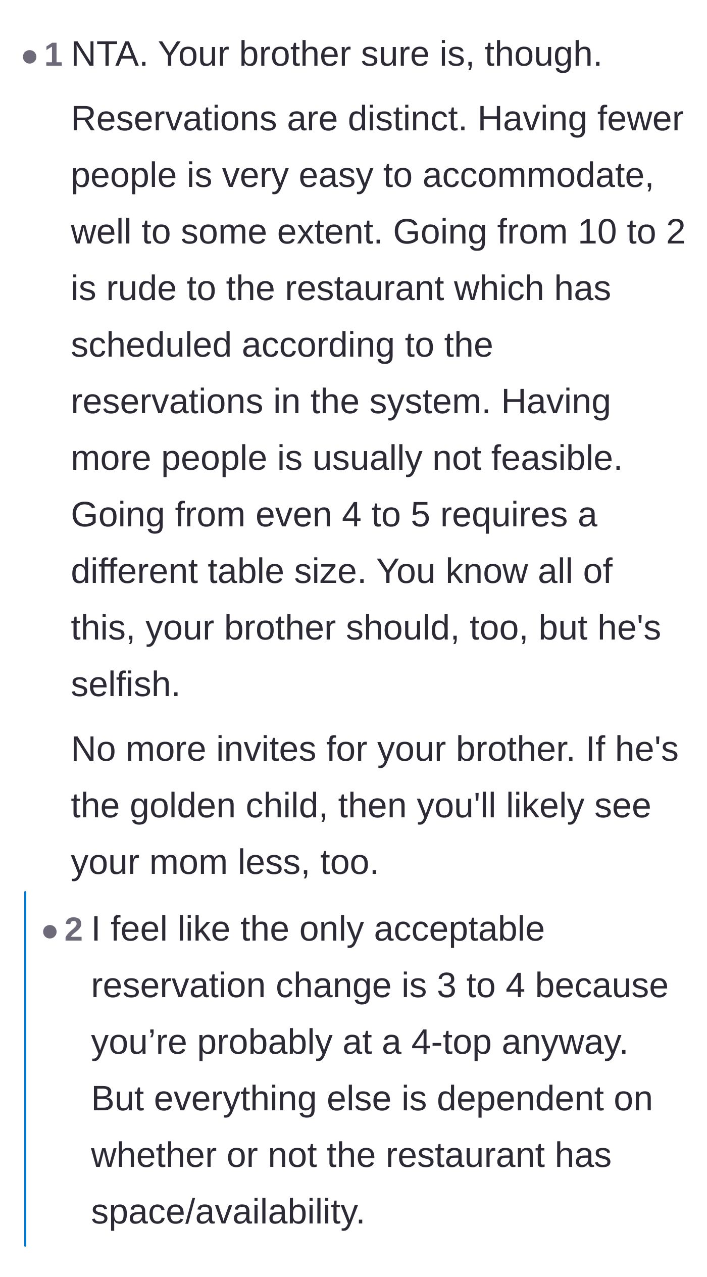Comment thread 2 - A logistical breakdown of why adding guests to a reservation ruins the restaurant's seating chart.