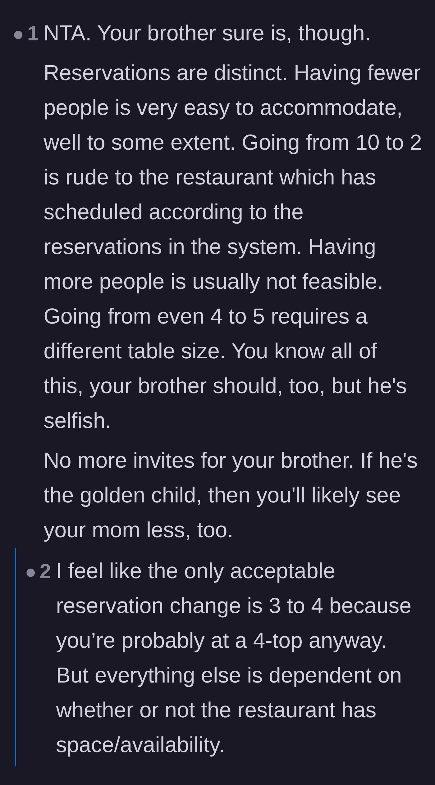Comment thread 2 - A logistical breakdown of why adding guests to a reservation ruins the restaurant's seating chart.