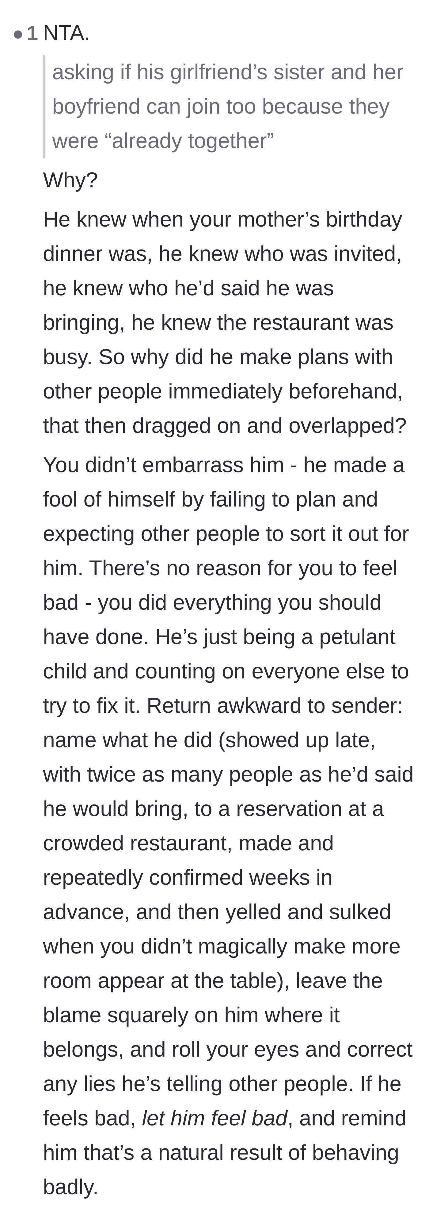 Comment thread 5 - Analysis of the brother's terrible planning and advice to hand the awkwardness back to him.