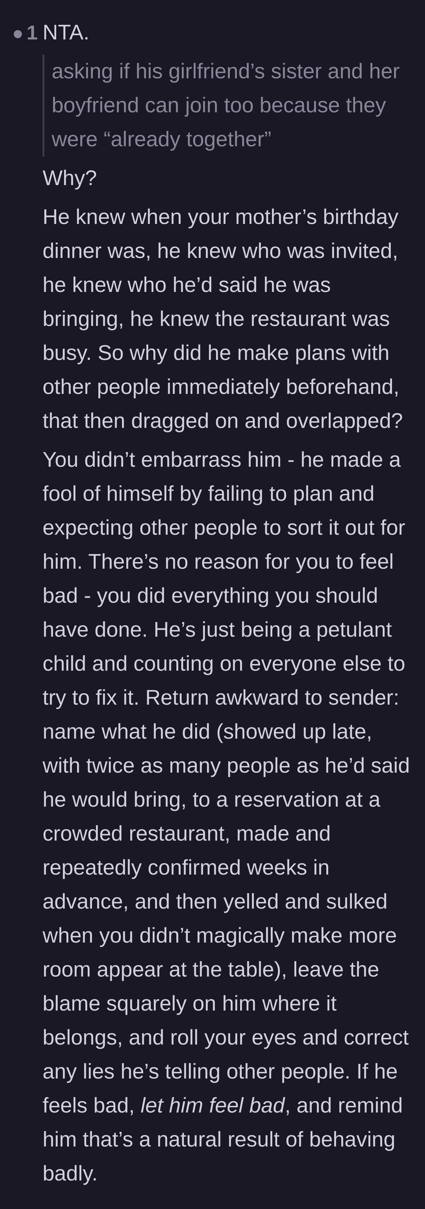 Comment thread 5 - Analysis of the brother's terrible planning and advice to hand the awkwardness back to him.