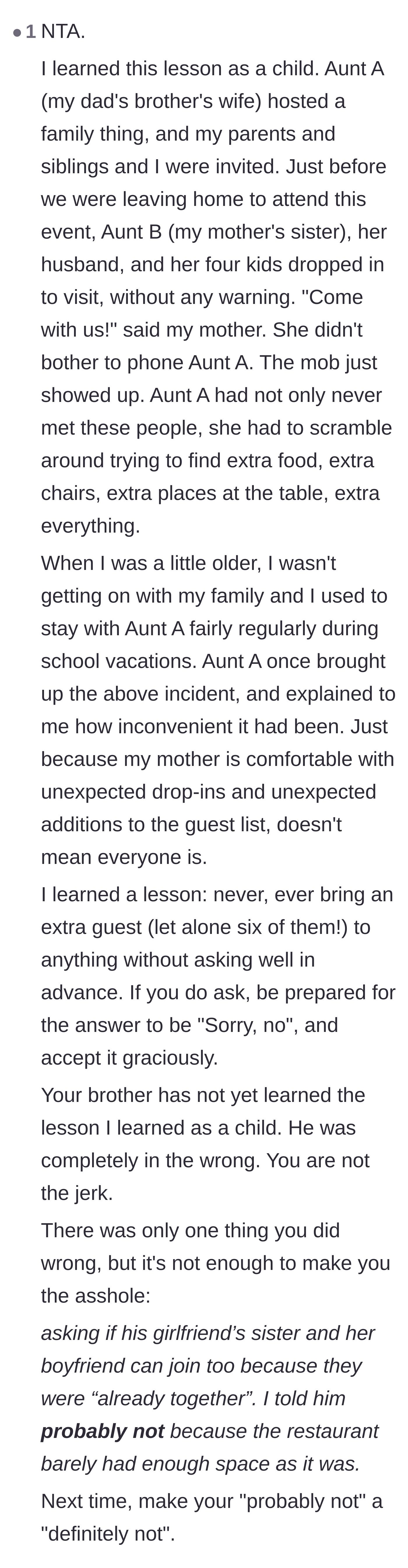 Comment thread 6 - A childhood story about an aunt dealing with six unexpected guests, stressing the need for hard boundaries.