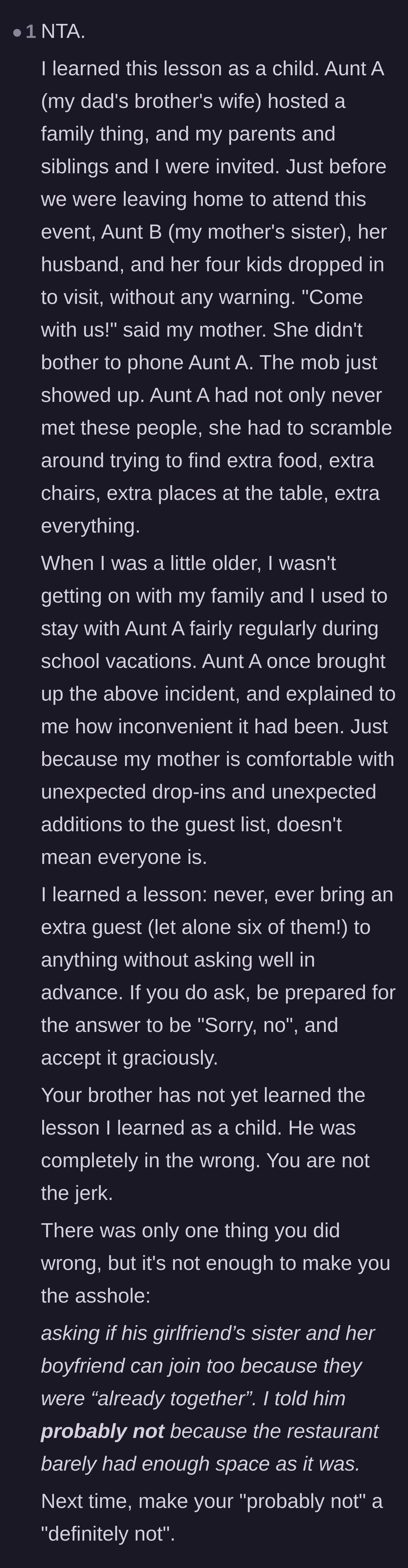 Comment thread 6 - A childhood story about an aunt dealing with six unexpected guests, stressing the need for hard boundaries.